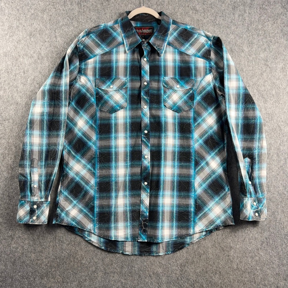 Rock & Roll Cowboy Mens XL Blue Black Plaid Spiderweb Embroidered Western Shirt